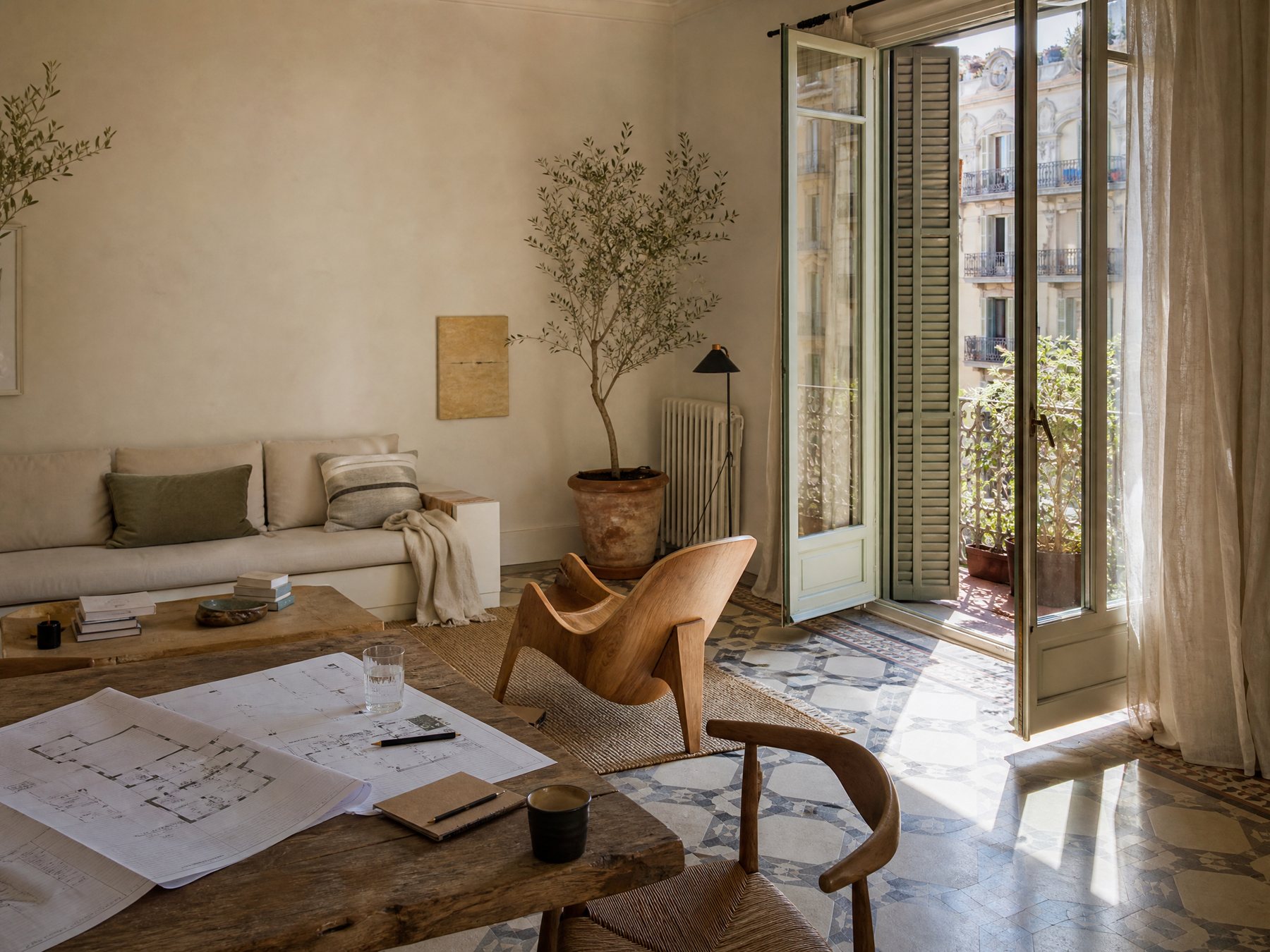 Interior mediterráneo luminoso con planos sobre una mesa
